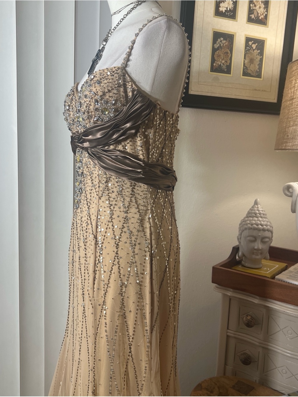 Y2K Cache Sequin Champagne Maxi Dress with Brown Sash - Picture 4 of 7